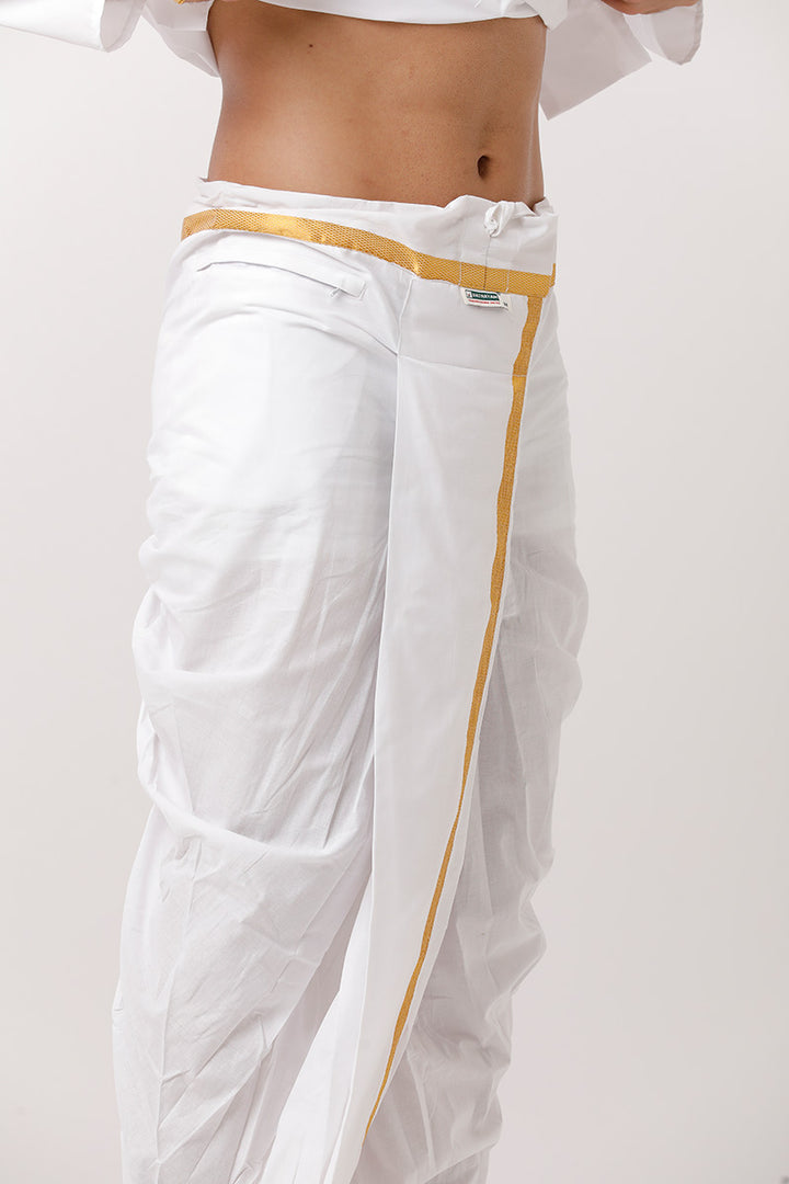 UATHAYAM Subha Mangalam White Color Cotton Kurta Full Sleeve & Panchakacham 2 in 1  Set For Men