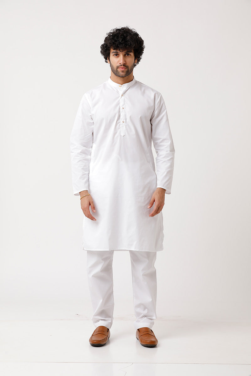 UATHAYAM Classic Cotton Knee Length White Full Sleeve Kurta and Pyjama Combo For Men