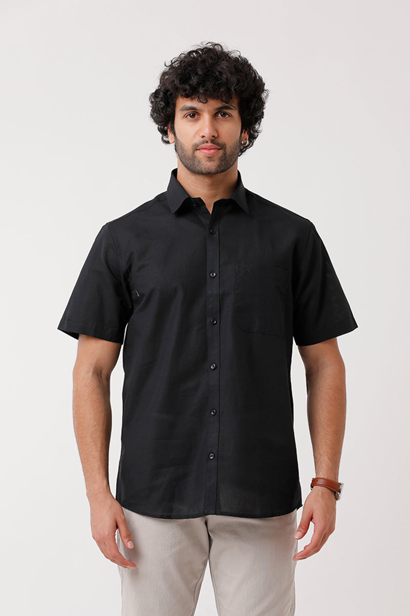 Ariser Jute Classic Black Cotton Blend Half Sleeve Solid Smart Fit Formal Shirt For Men