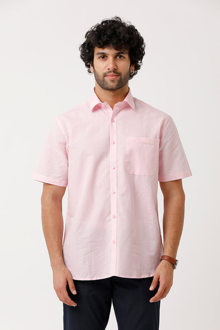 Ariser Jute Classic Soft Pink 100% Cotton Half Sleeve Solid Smart Fit Formal Shirt For Men