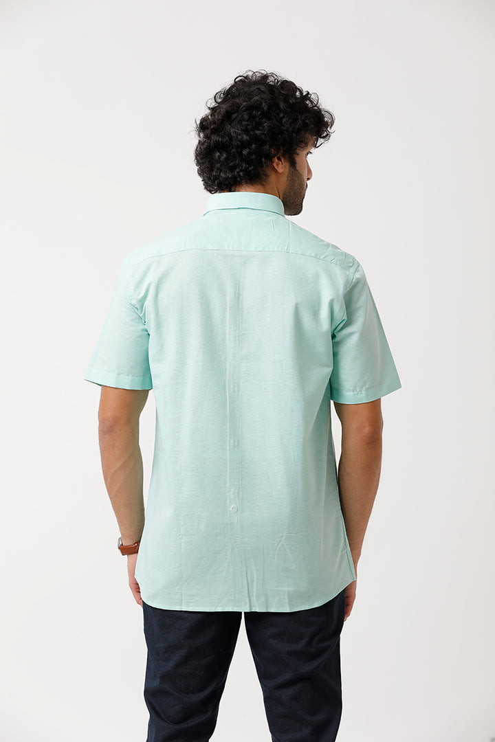 Ariser Jute Classic Greenish Blue 100% Cotton Half Sleeve Solid Smart Fit Formal Shirt For Men