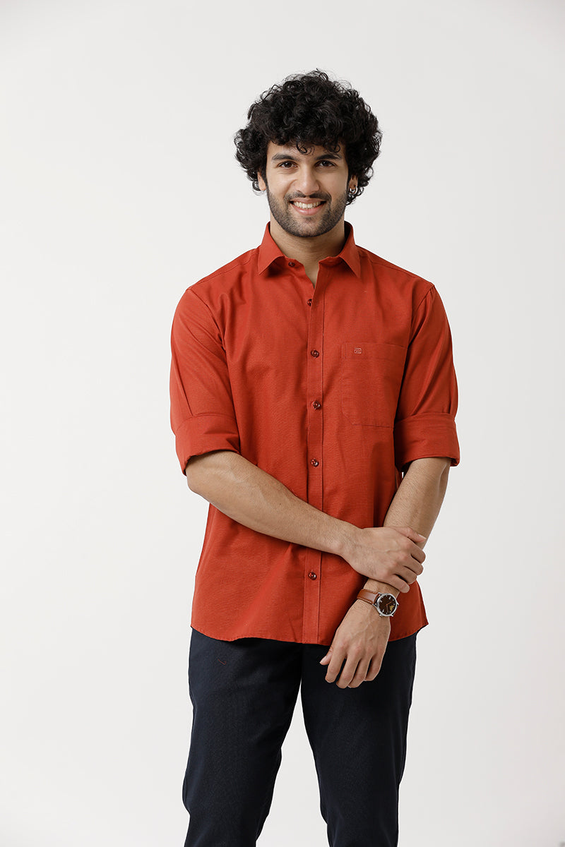 Ariser Jute Classic Kavi Orange Color Cotton Blend Full Sleeve Solid Smart Fit Formal Shirt For Men