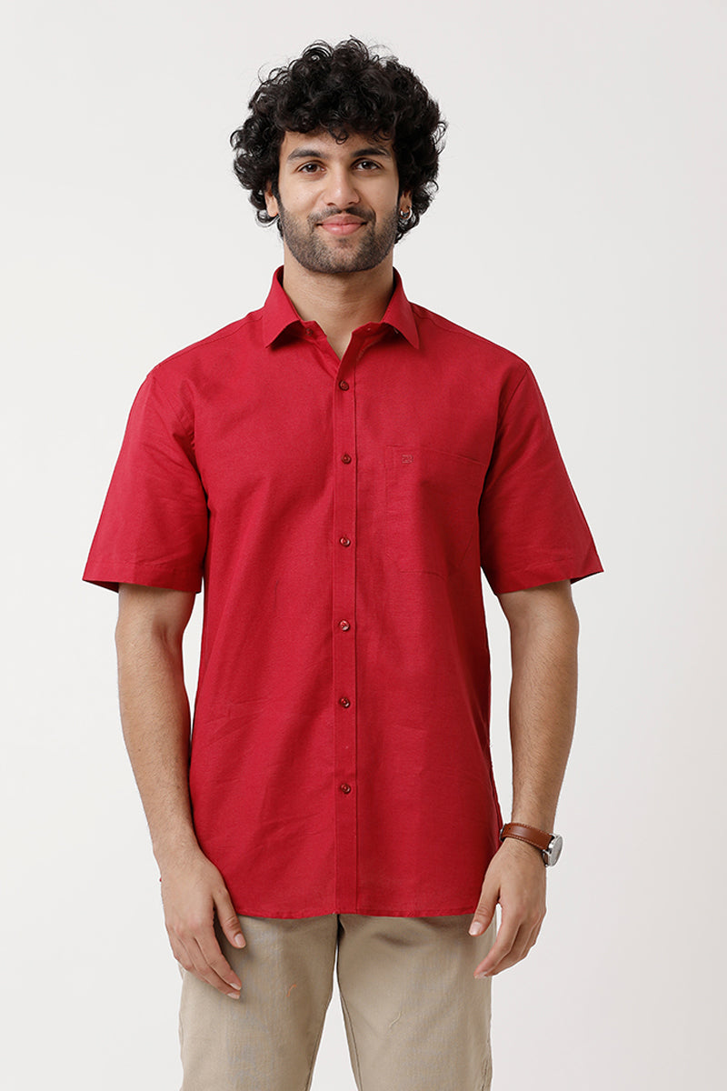 Ariser Jute Classic Ruby Red 100% Cotton Half Sleeve Solid Smart Fit Formal Shirt For Men