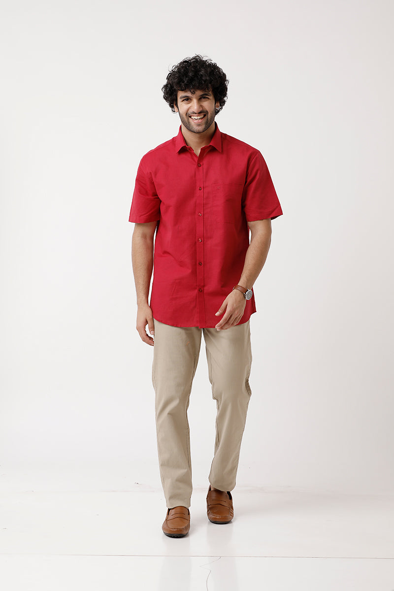 Ariser Jute Classic Ruby Red 100% Cotton Half Sleeve Solid Smart Fit Formal Shirt For Men