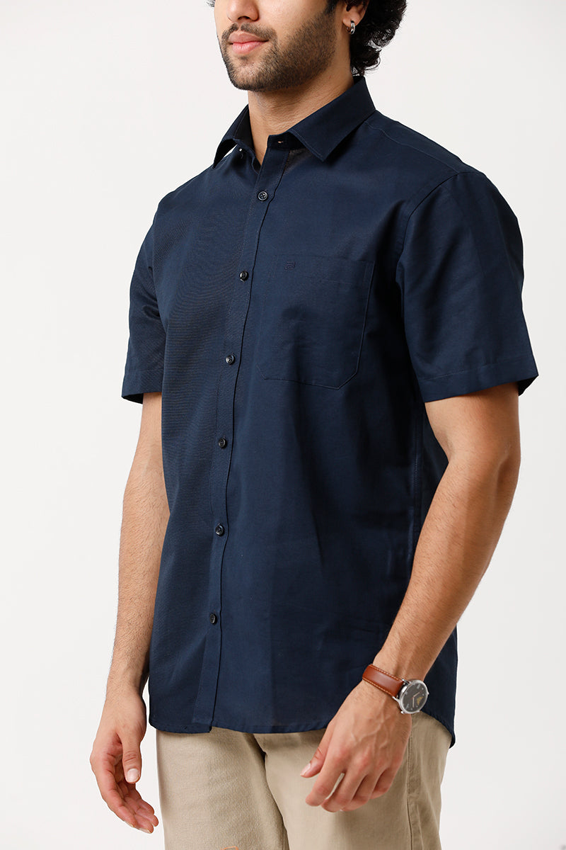 Ariser Jute Classic Navy Blue Color 100% Cotton Half Sleeve Solid Smart Fit Formal Shirt For Men