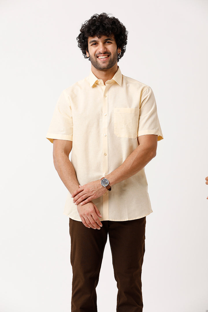 Ariser Jute Classic Cream Yellow 100% Cotton Half Sleeve Solid Smart Fit Formal Shirt For Men
