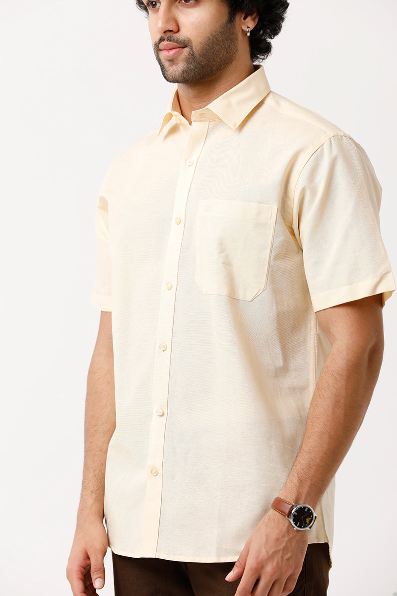 Ariser Jute Classic Cream Yellow 100% Cotton Half Sleeve Solid Smart Fit Formal Shirt For Men