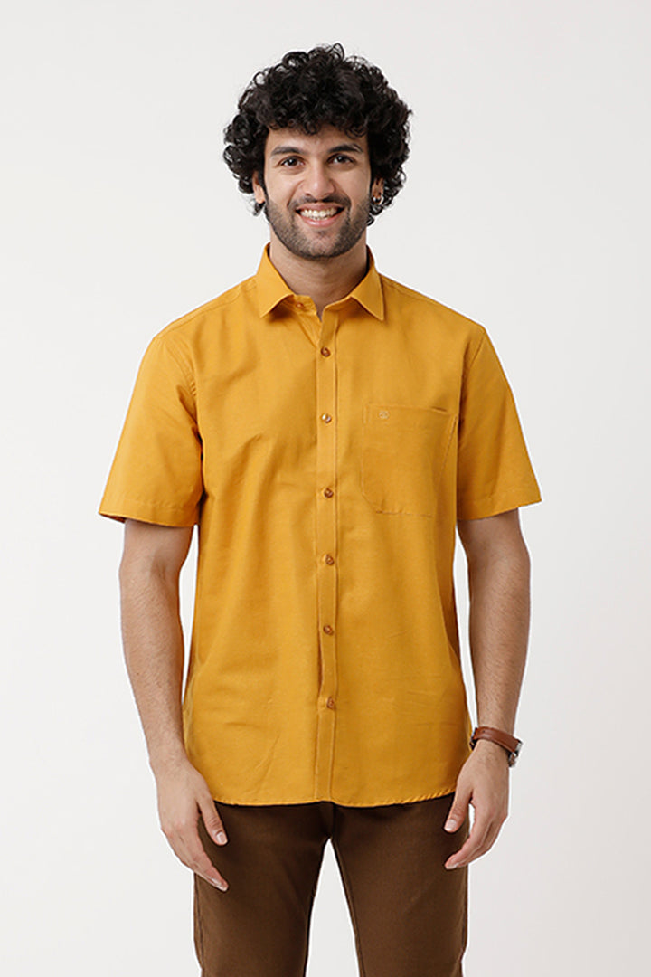 Ariser Jute Classic Mustard Yellow 100% Cotton Half Sleeve Solid Smart Fit Formal Shirt For Men