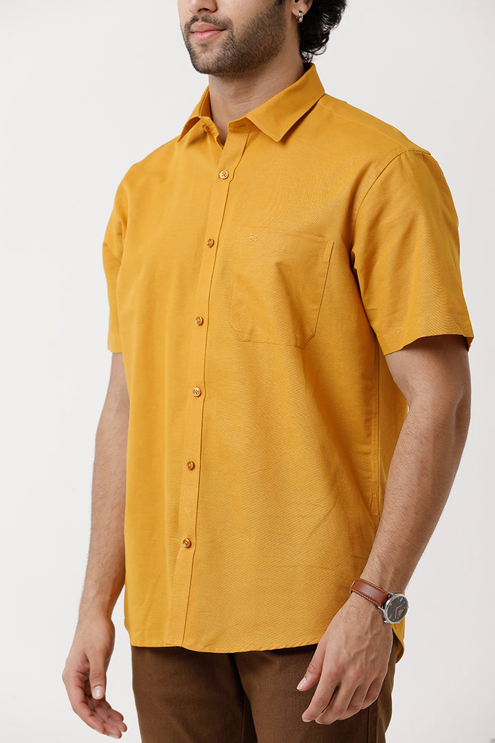 Ariser Jute Classic Mustard Yellow 100% Cotton Half Sleeve Solid Smart Fit Formal Shirt For Men