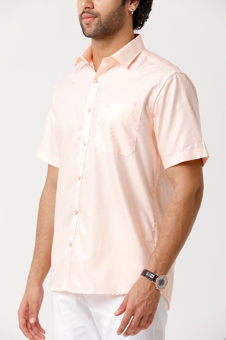 ARISER Tuscany Peach Orange Cotton Rich Solid Formal Half Sleeve Slim Fit Shirt for Men