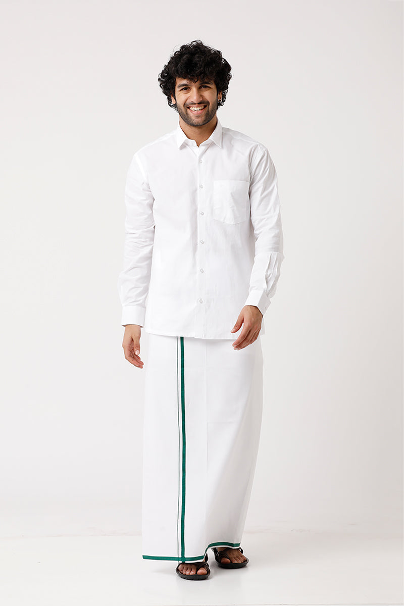 UATHAYAM Premium White Shirt + White BB Dhotis Premium Matching Set (Assorted Border)