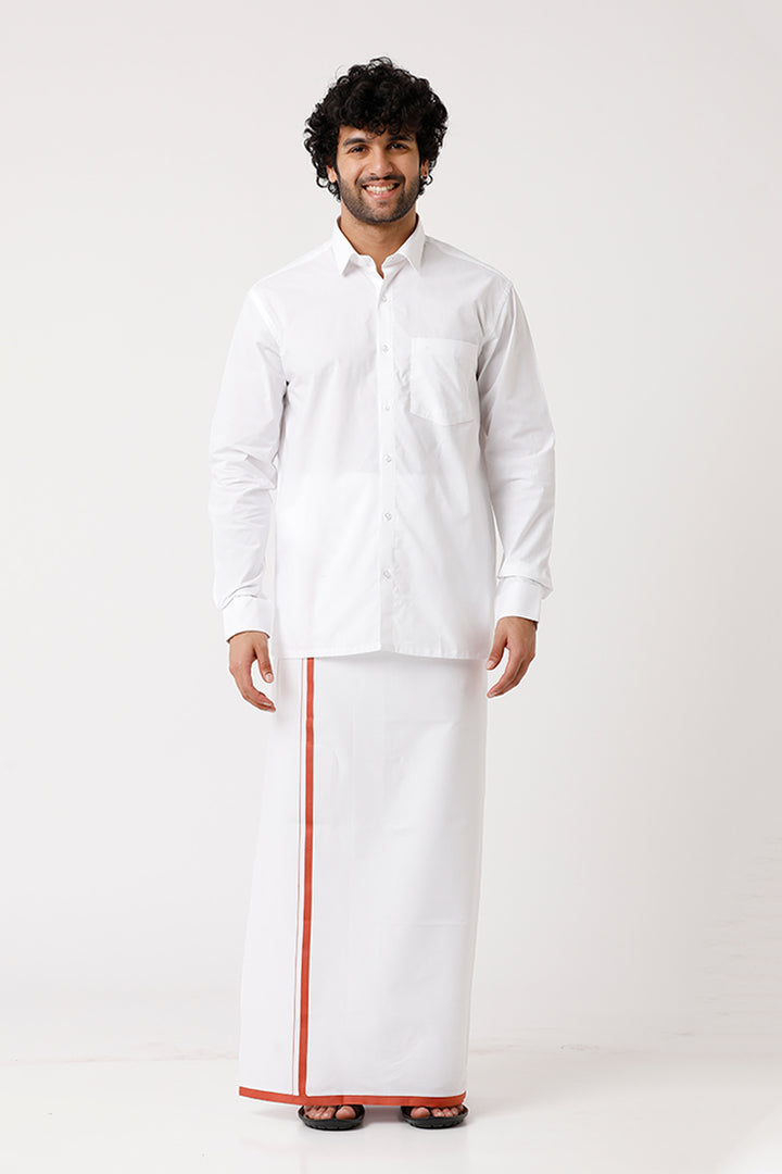 Premium - White Shirt And Fancy Double Dhoti Set For Men (Assorted Border) | Uathayam