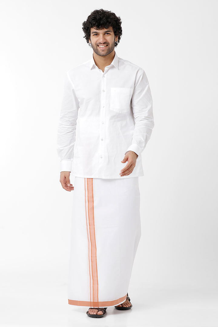 Uathayam Tallent  Cotton Solid Fancy Shirt Light Orange  Small Border Dhoti Set For Men