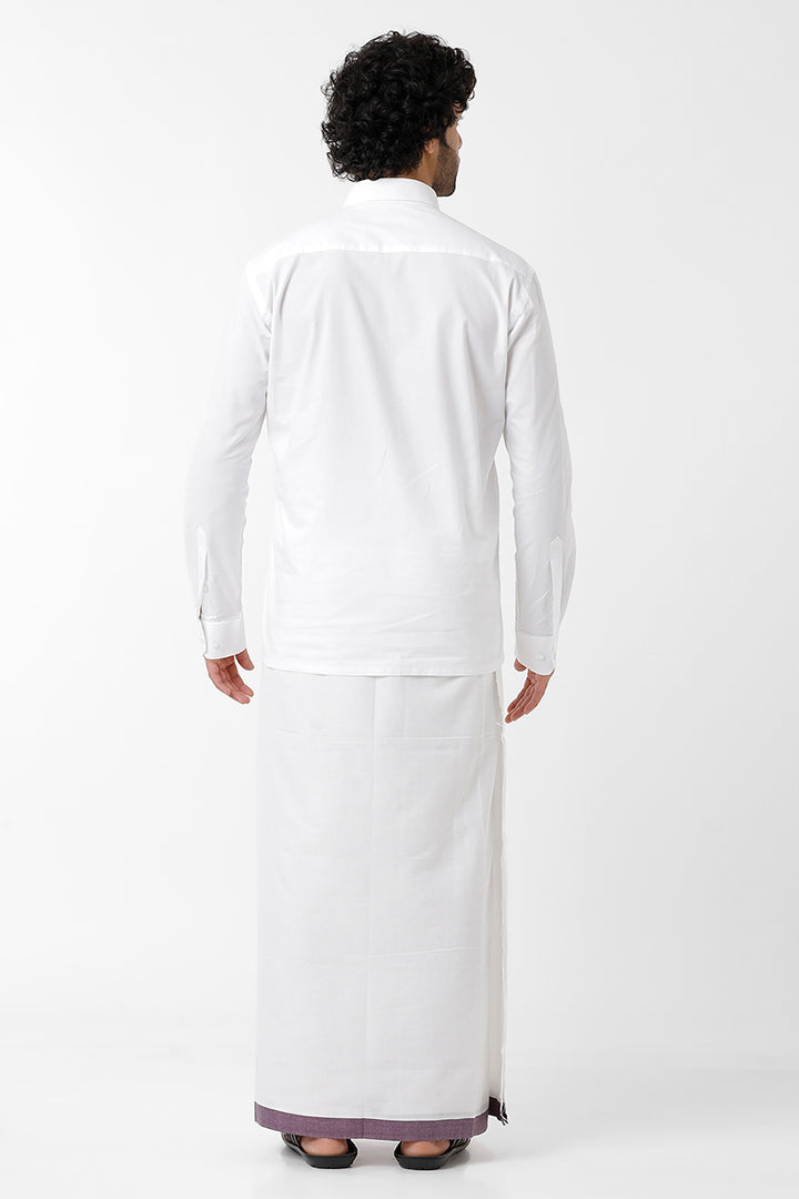 Uathayam Metro Pondhu Cotton Solid Fancy Shirt  and Violet Small Border Dhoti Set For Men