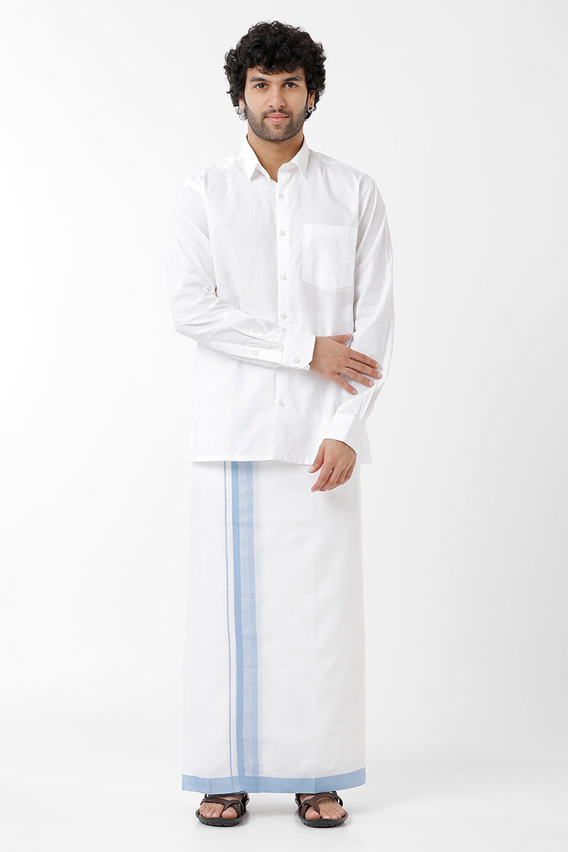 Uathayam Oliver Fancy Cotton Solid Shirt and  Royal Light Blue Small Border Dhoti Set For Men