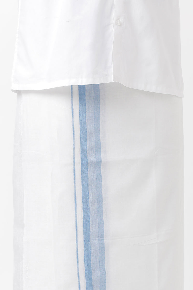 Uathayam Oliver Fancy Cotton Solid Shirt and  Royal Light Blue Small Border Dhoti Set For Men