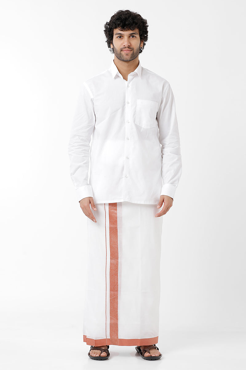Uathayam Copper Jari Cotton Solid Fancy Shirt & Dhoti Set With Copper Orange Small Border For Men Pack Of 1