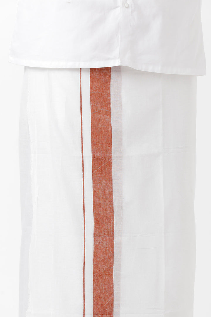 Uathayam Copper Jari Cotton Solid Fancy Shirt and Copper Orange Small Border Dhoti Set For Men