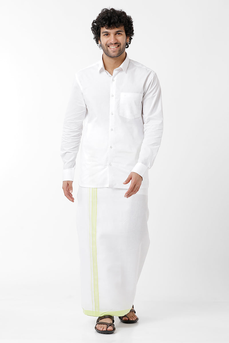 Uathayam Trophy Cotton Solid Fancy Shirt & Dhoti Set With Fluroscent Green Small Border For Men Pack Of 1