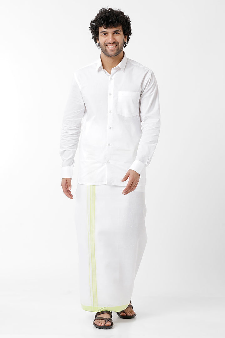 Uathayam Trophy Cotton Solid Fancy Shirt & Dhoti Set With Fluroscent Green Small Border For Men Pack Of 1