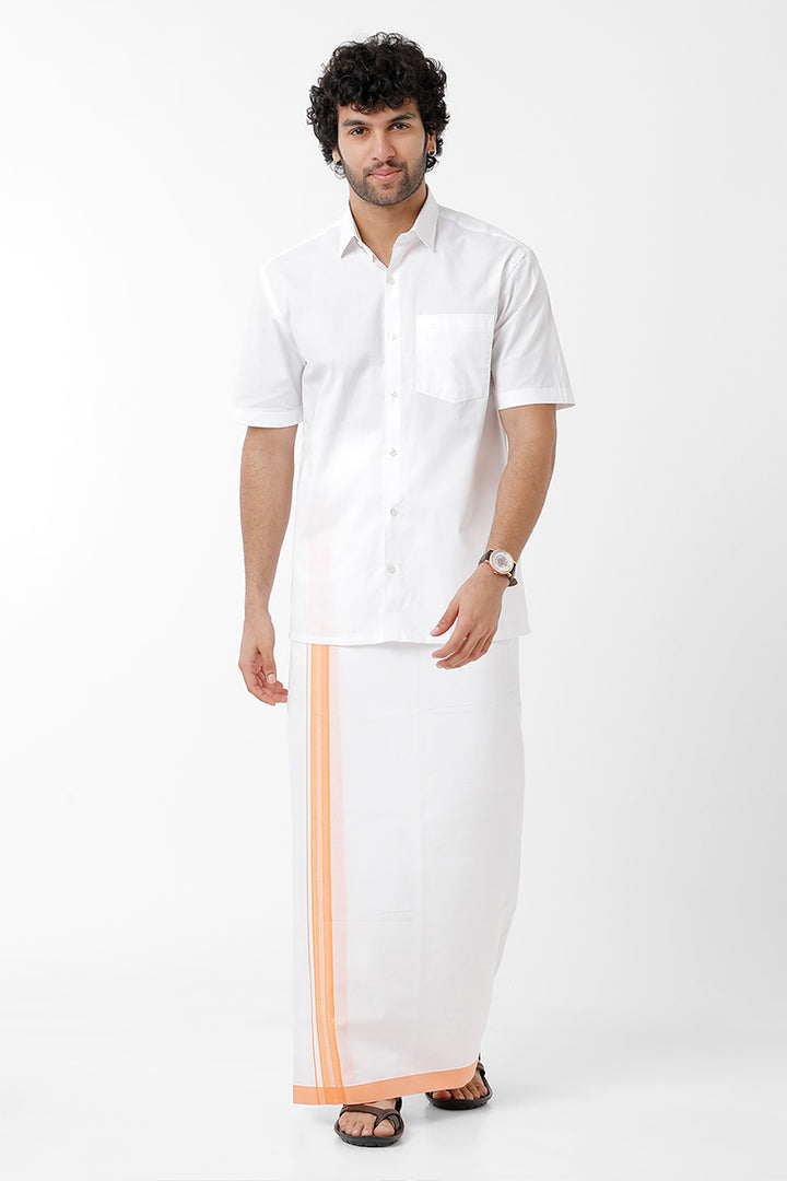 Uathayam Vintage Cotton Solid Fancy Shirt and Light Orange Small Border Dhoti Set For Men