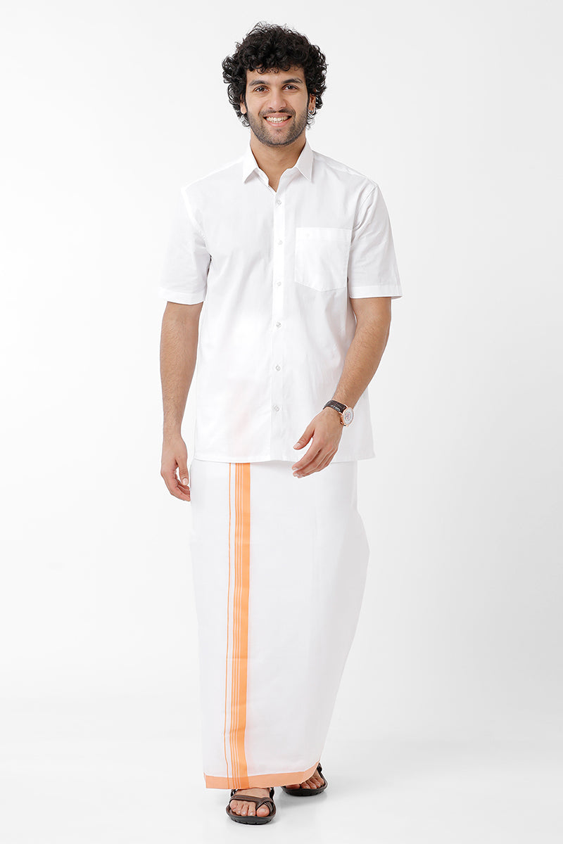 Uathayam Rithu Fancy Cotton Solid Shirt & Dhoti Set With Pale Orange Small Border For Men Pack Of 1