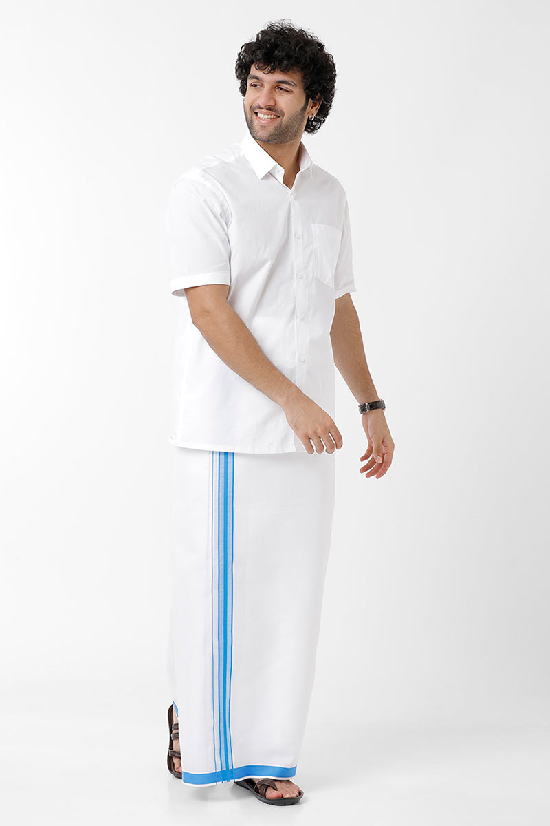 Uathayam Dhanush Fancy Cotton Solid Shirt and Ocean Blue Small Border Dhoti Set For Men
