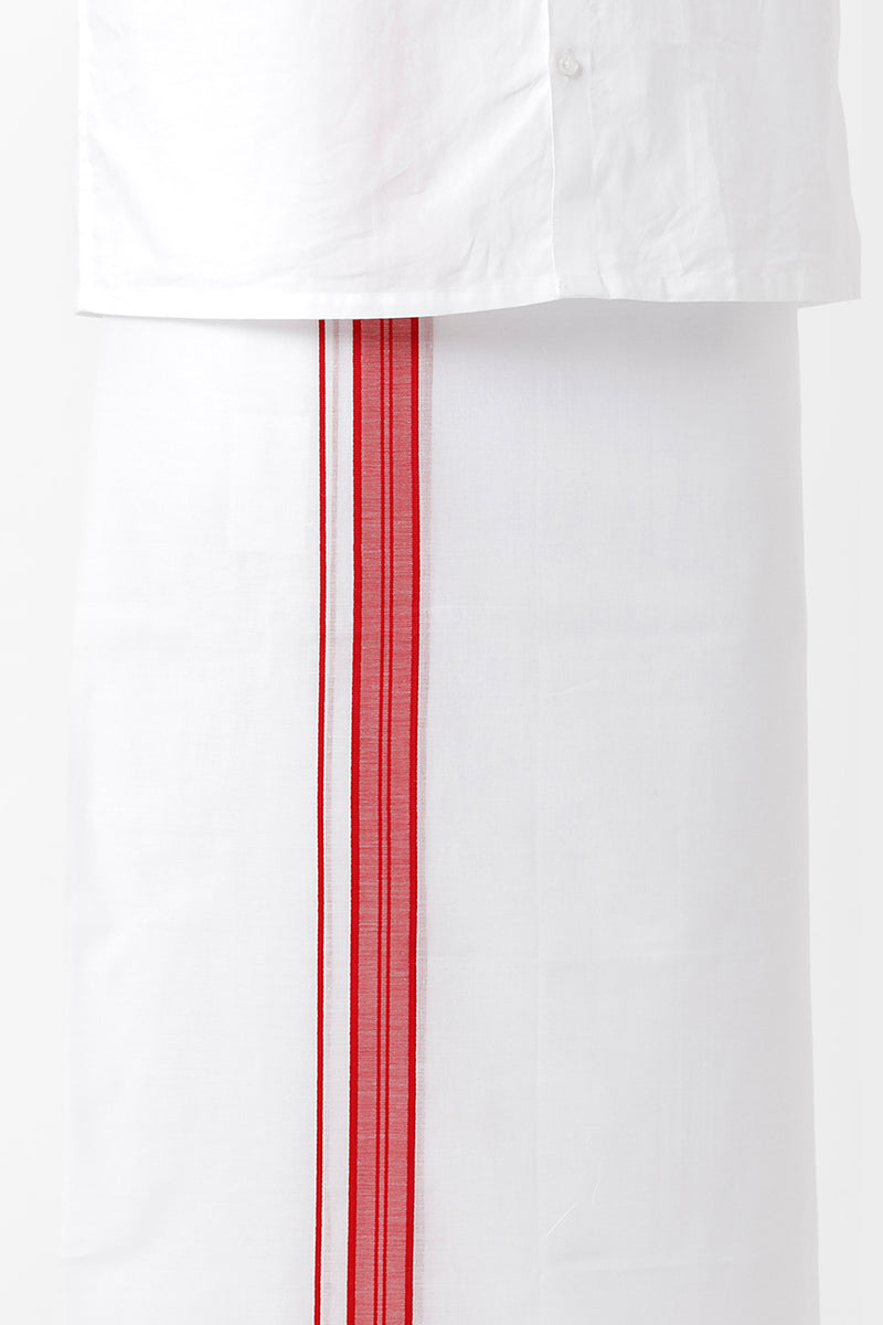 Uathayam Sea Guard Cotton Solid Fancy Shirt and Soft Red Small Border Dhoti Set For Men
