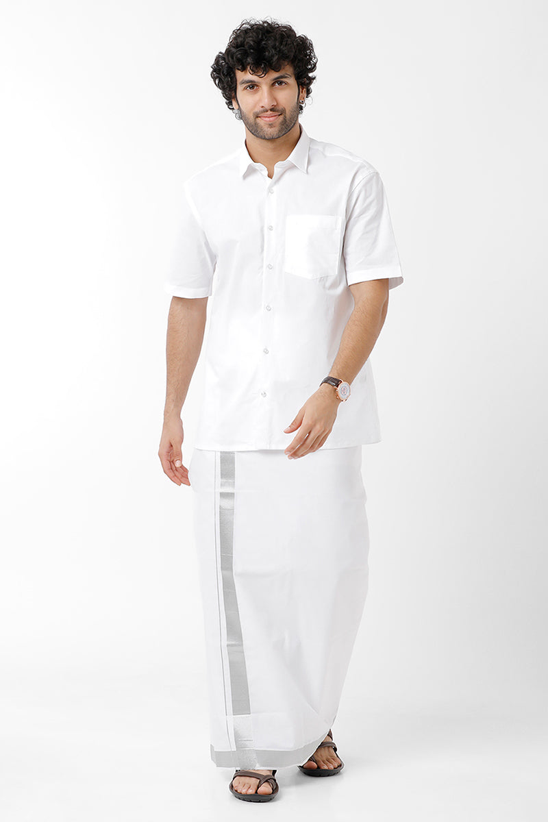 Uathayam Lazar Silver Cotton Solid Fancy Shirt & Dhoti Set With Silver Gray Small Border For Men Pack Of 1