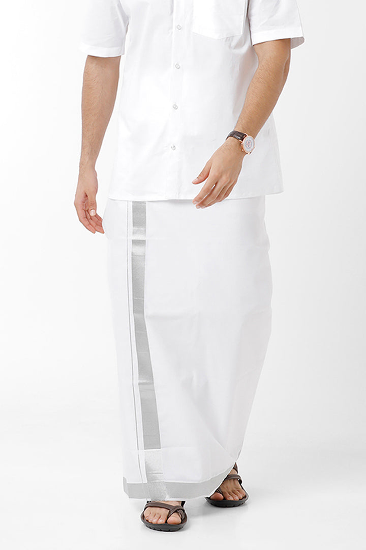 Uathayam Lazar Silver Cotton Solid Fancy Shirt & Dhoti Set With Silver Gray Small Border For Men Pack Of 1