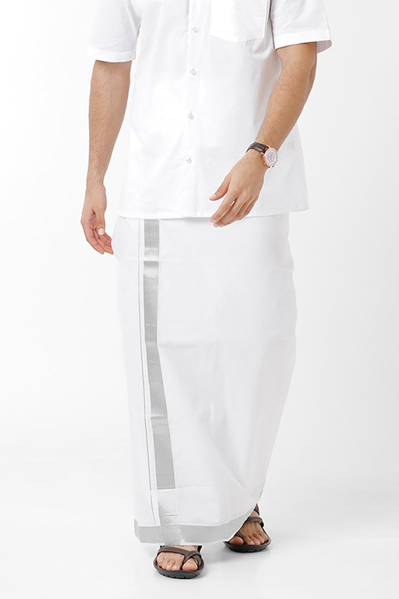 Uathayam Lazar Silver Cotton Solid Fancy Shirt and  Silver Gray Small Border Dhoti For Men