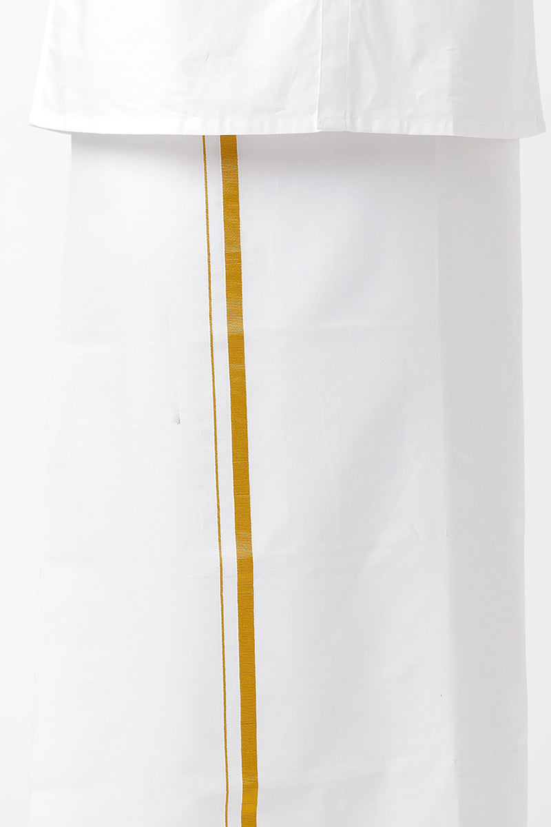 Uathayam Blossom Jari Cotton Solid Shirt and Golden Yellow Small Border Dhoti Set For Men