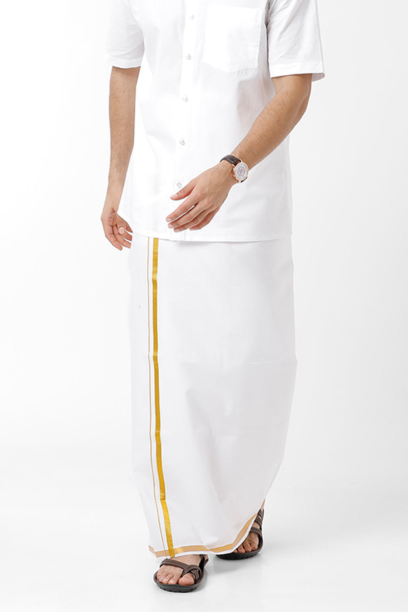 Uathayam Blossom Jari Cotton Solid Shirt and Golden Yellow Small Border Dhoti Set For Men