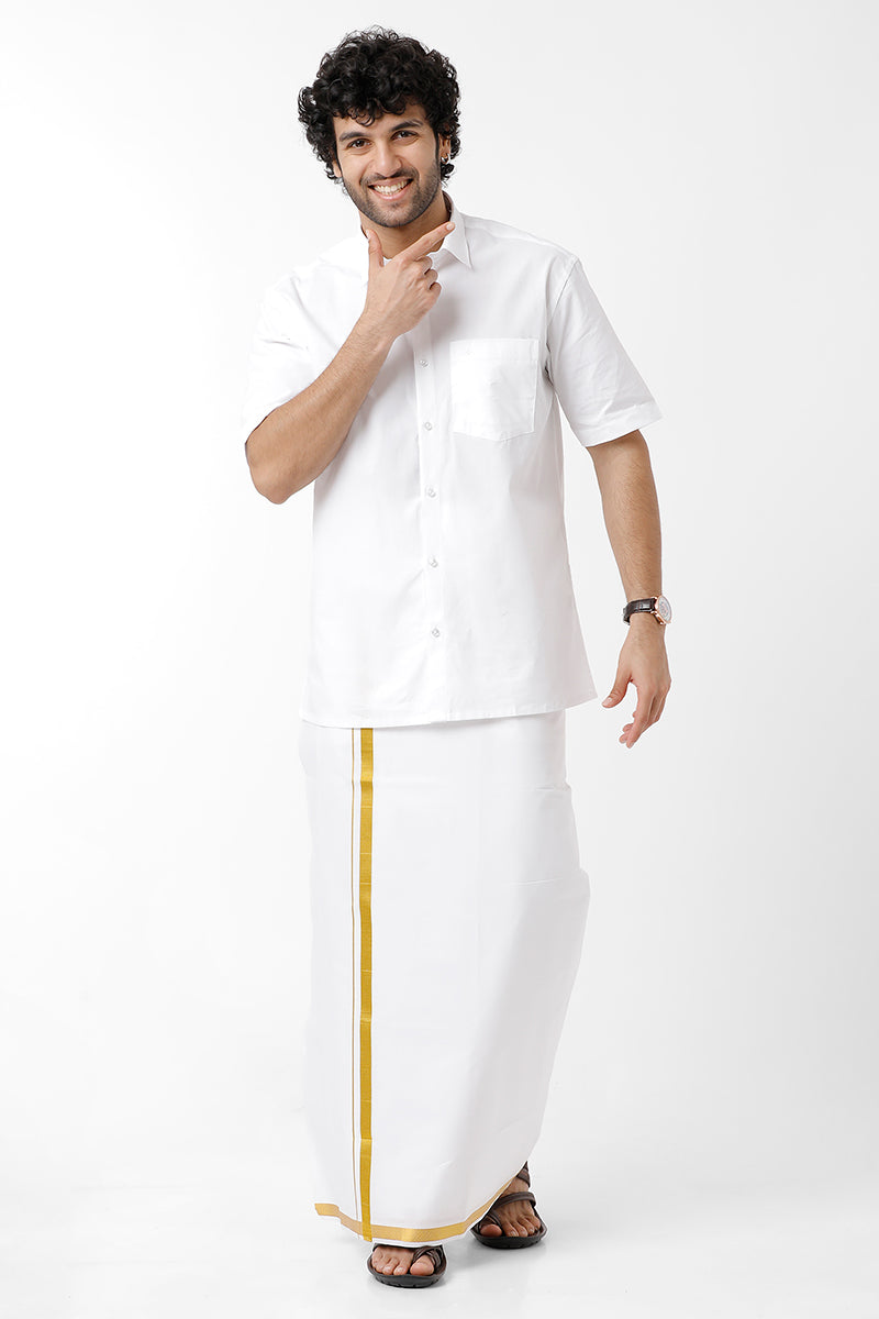 Premium - White Shirts And Lio Jari Fancy Double Layered Dhoti Set For ...