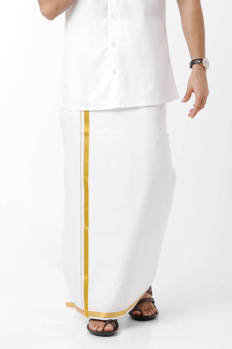 Uathayam Lio Jari Cotton Solid Fancy Shirt & Dhoti Set With Golden Yellow Small Border For Men Pack Of 1