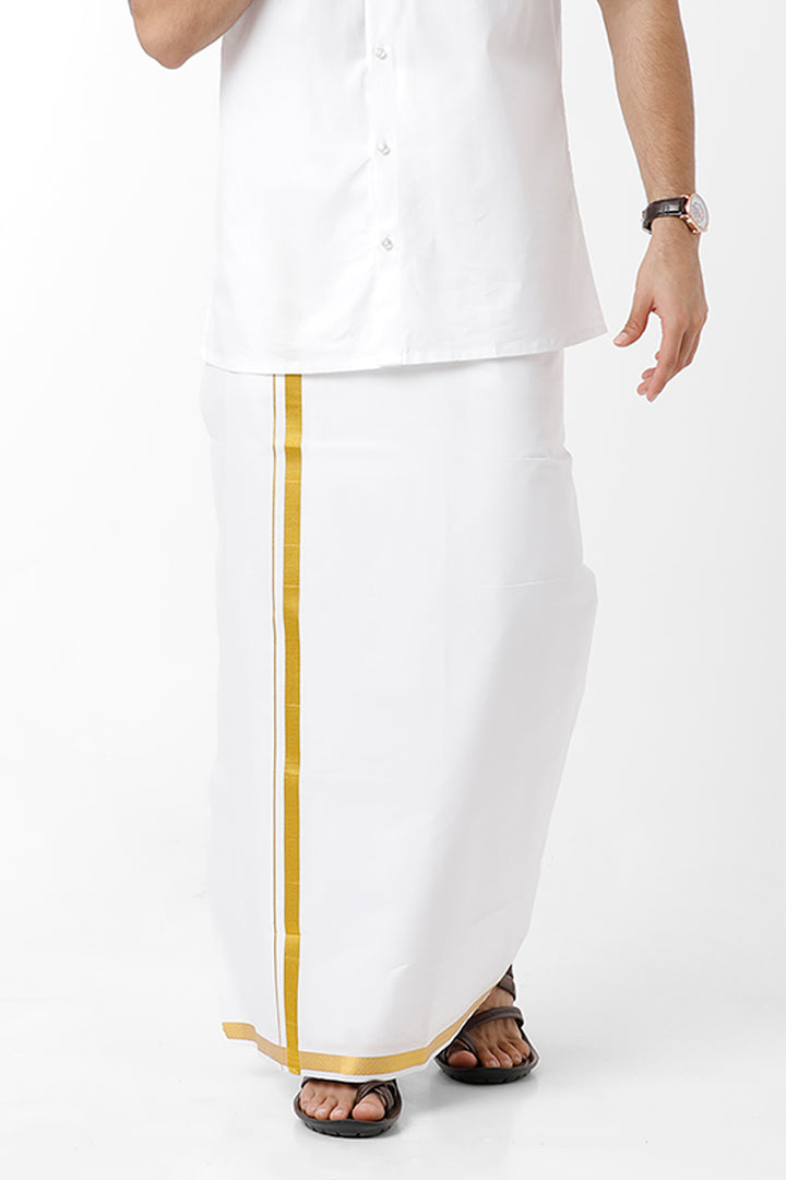 Uathayam Lio Jari Cotton Solid Fancy Shirt and Golden Yellow Small Border Dhoti Set For Men