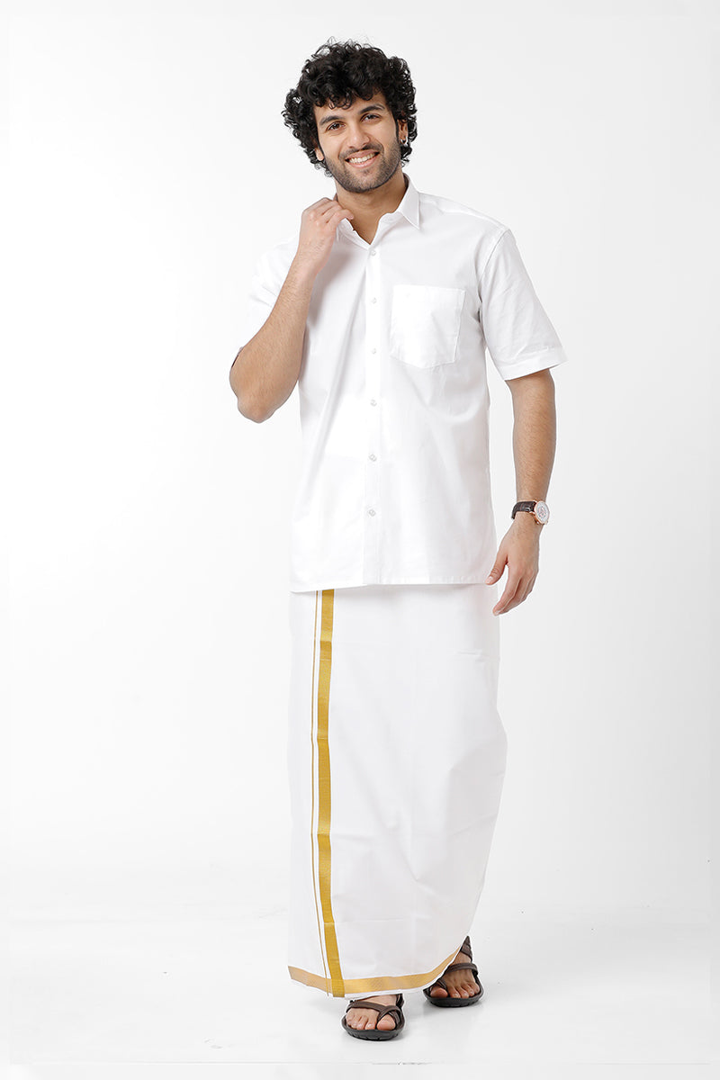 UATHAYAM Premium White Shirt + White Gold Jari Dhotis Premium Matching Set Collection