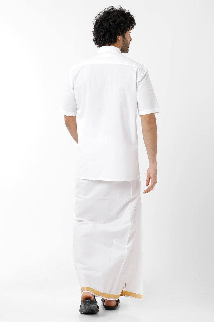 UATHAYAM Premium White Shirt + White Gold Jari Dhotis Premium Matching Set Collection