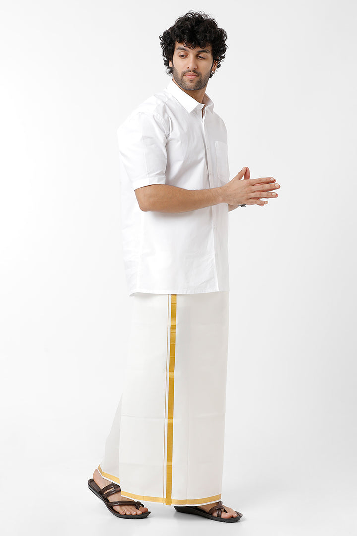 Uathayam Ever Jari Cotton Solid Fancy Shirt & Dhoti Set With Golden Yellow Small Border For Men Pack Of 1