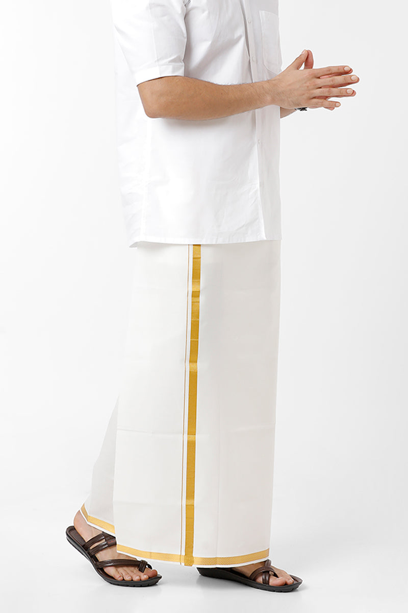 Uathayam Ever Jari Cotton Solid Fancy Shirt & Dhoti Set With Golden Yellow Small Border For Men Pack Of 1