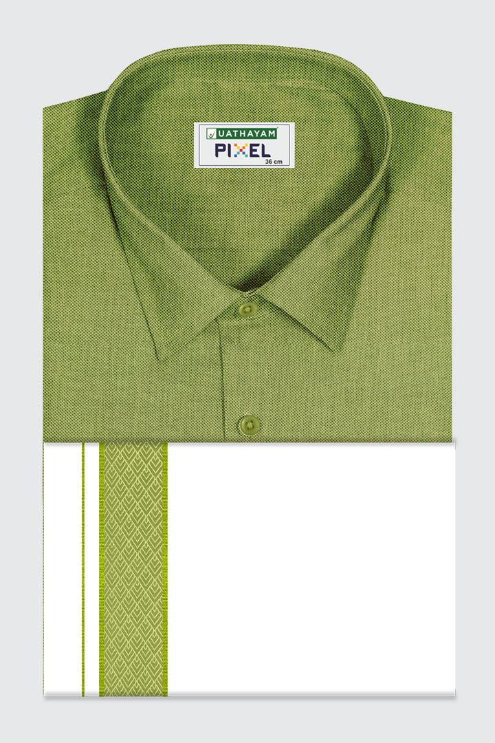 1. Elegant leaf green shirt with white fancy dhoti for men