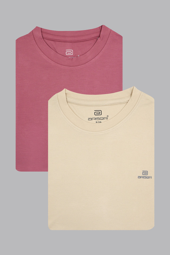 Two t-shirts, one red and one beige, with a brand logo on a gray background