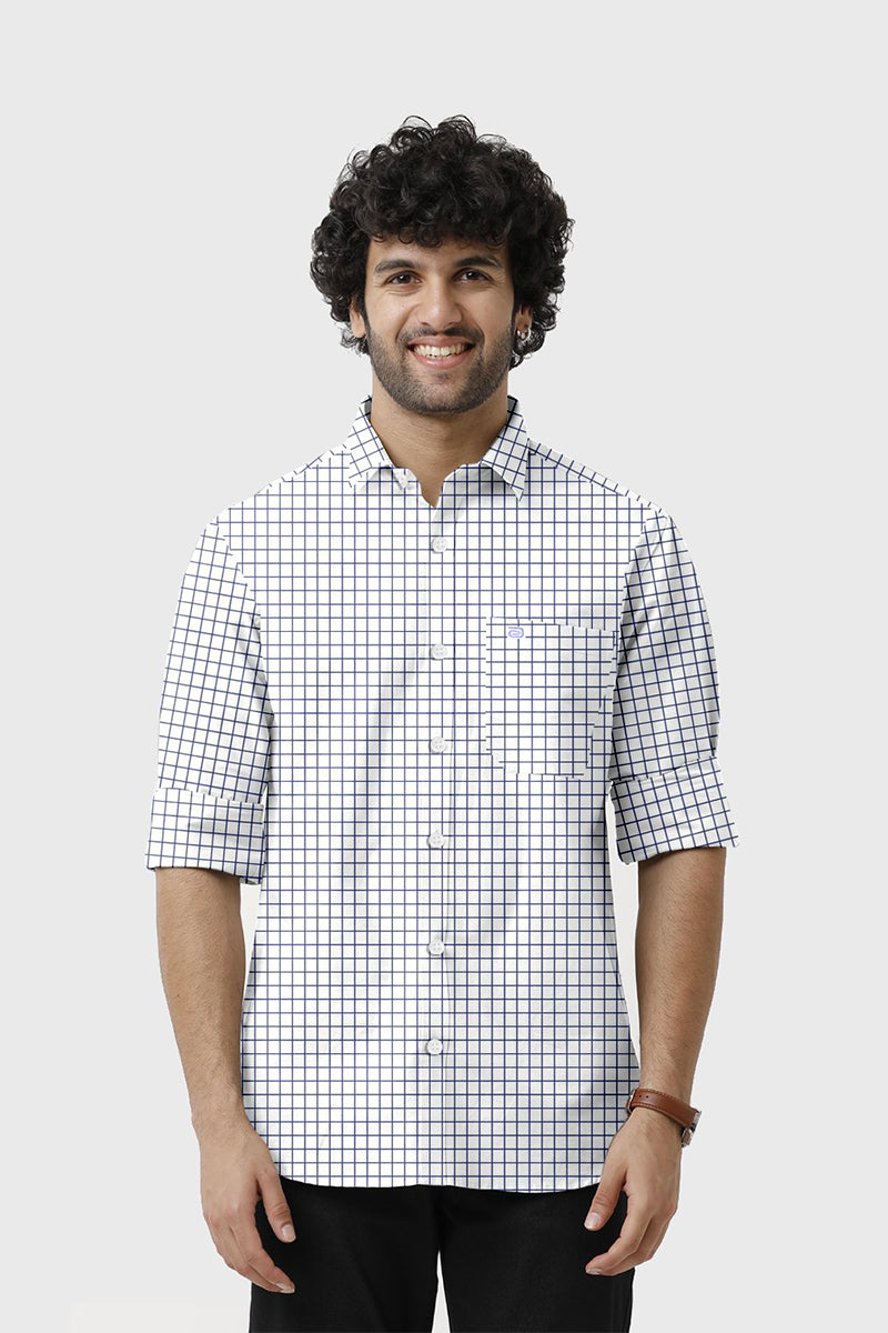 Bamboo Checks - White With Blue Checked Shirts For Mens | Ariser