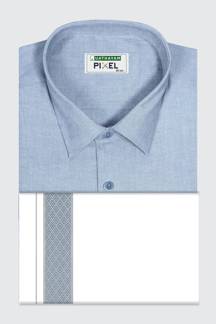 Pixel Grand - Silver Gray Matching Shirt And Single Layered Jacquard Fancy Border Dhoti Set For Men | Uathayam