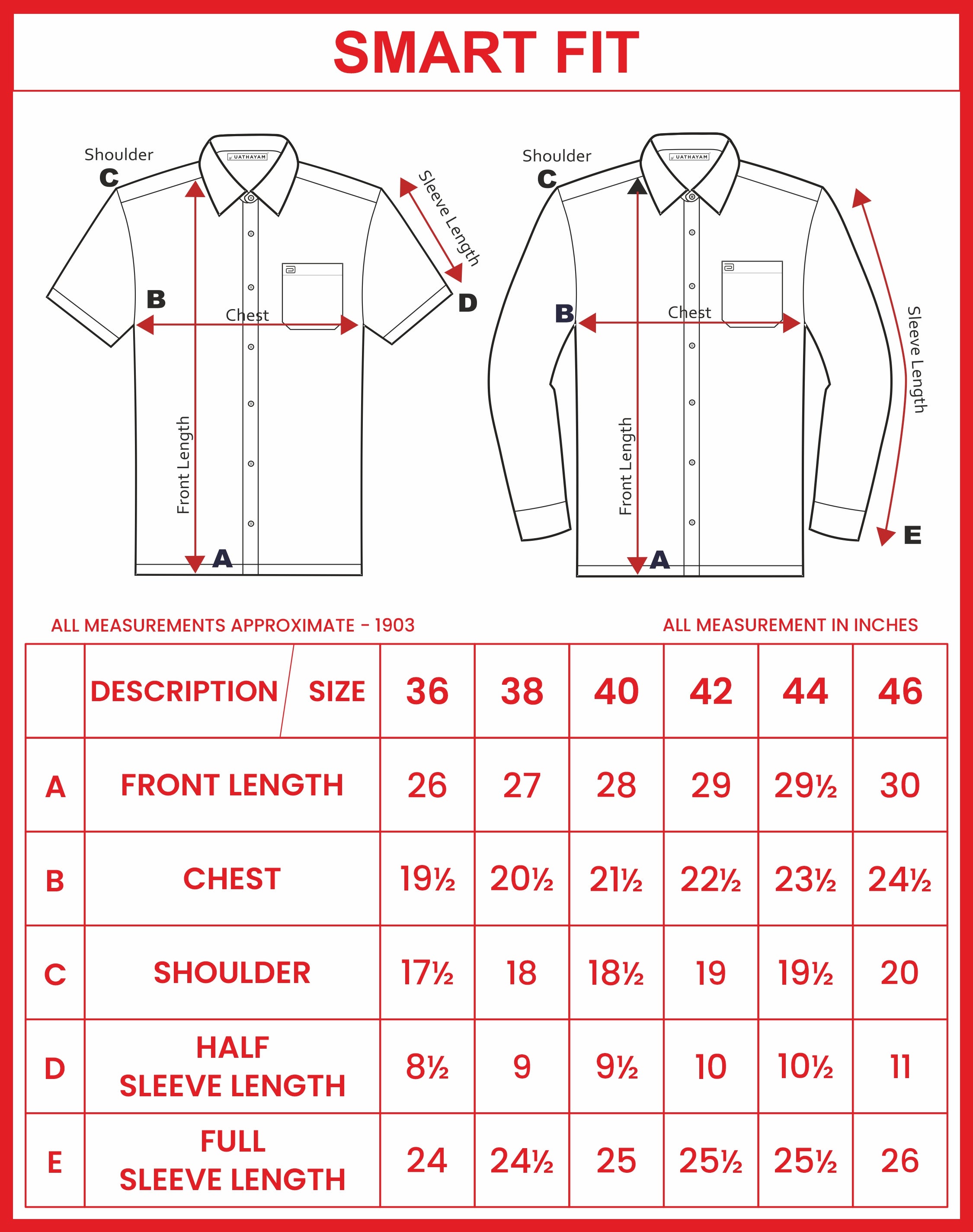 44 slim fit sales shirt size chart