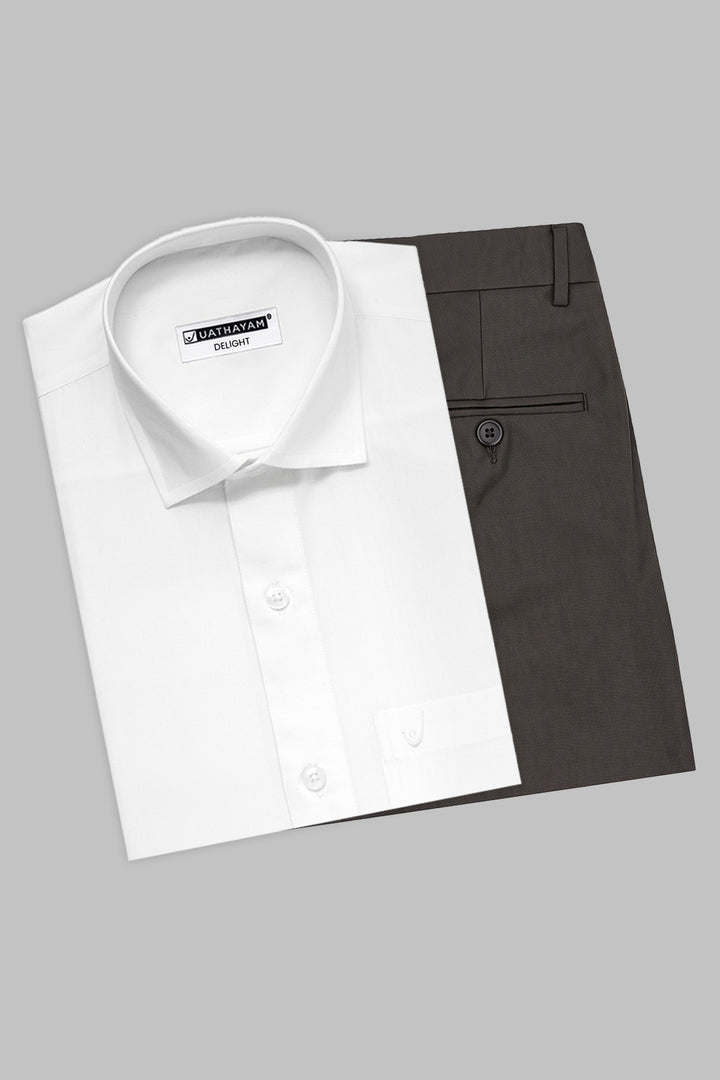Uathayam Men's White Formal Shirt and Charcoal Brown Trouser Combo