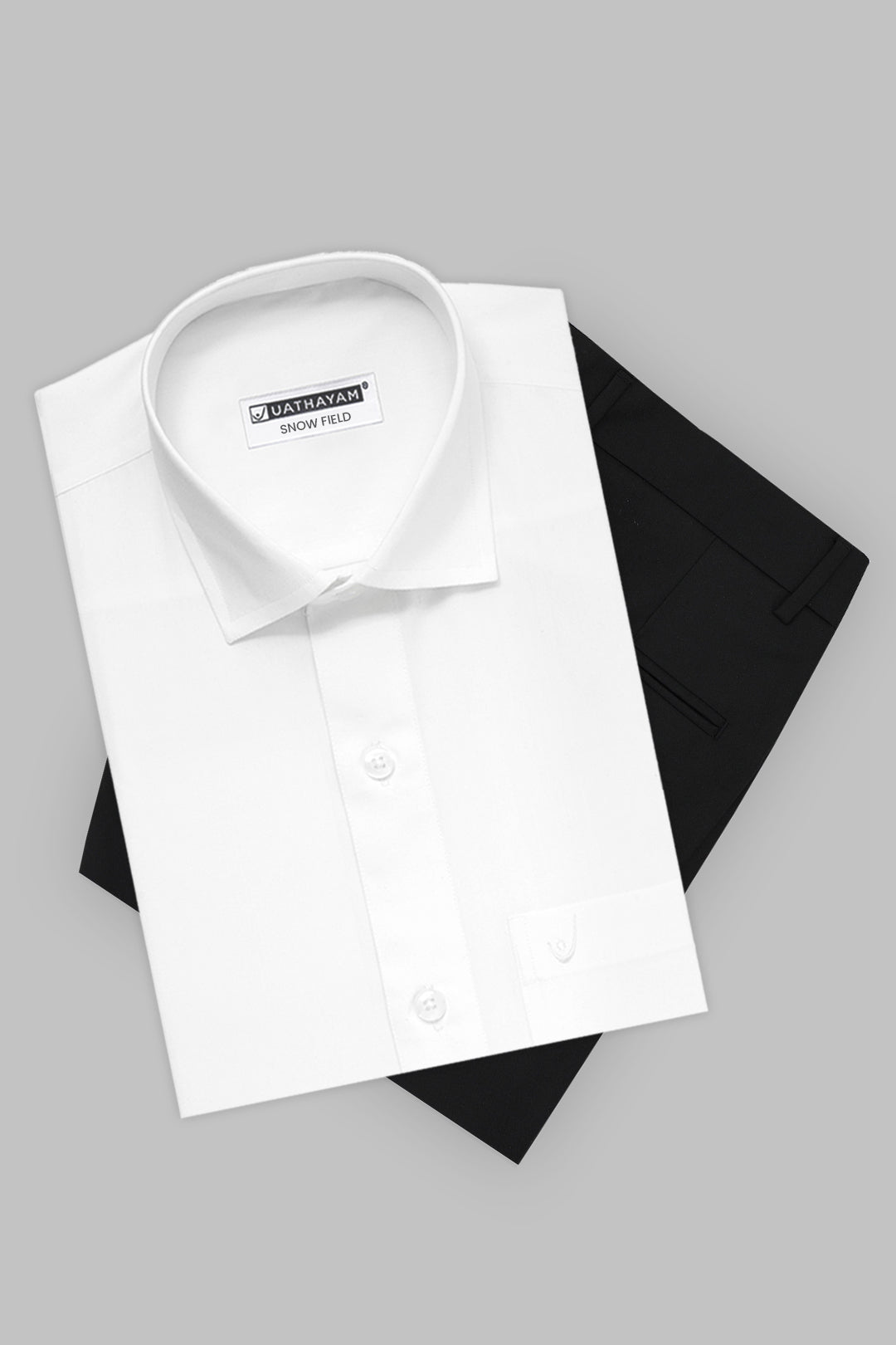 Uathayam Snow Field White Shirt with Auto Flex Black Trousers for Men