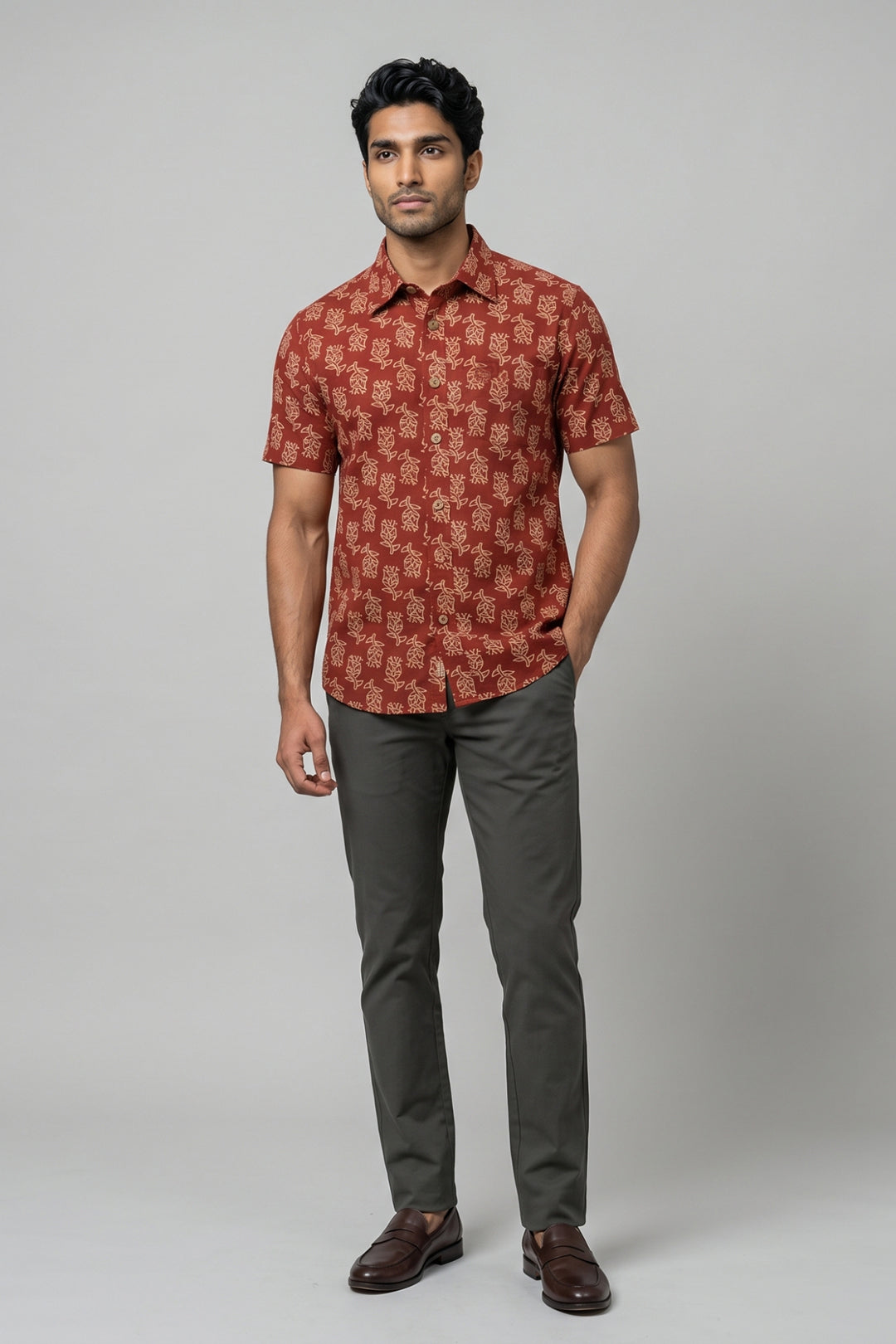 Congo + Basic Chino - Maroon Red Shirt With Deep Army Green Trouser Combo For Men | Ariser