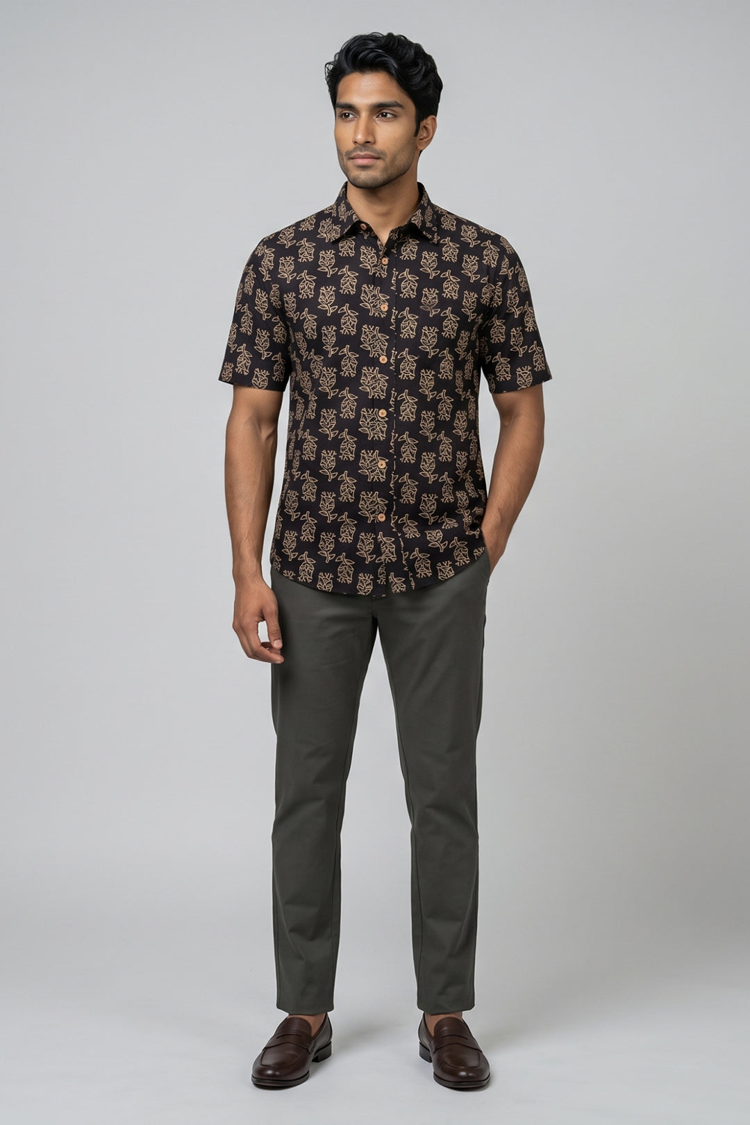 Congo + Basic Chino - Jet Black Shirt With Deep Army Green Trouser Combo For Men | Ariser