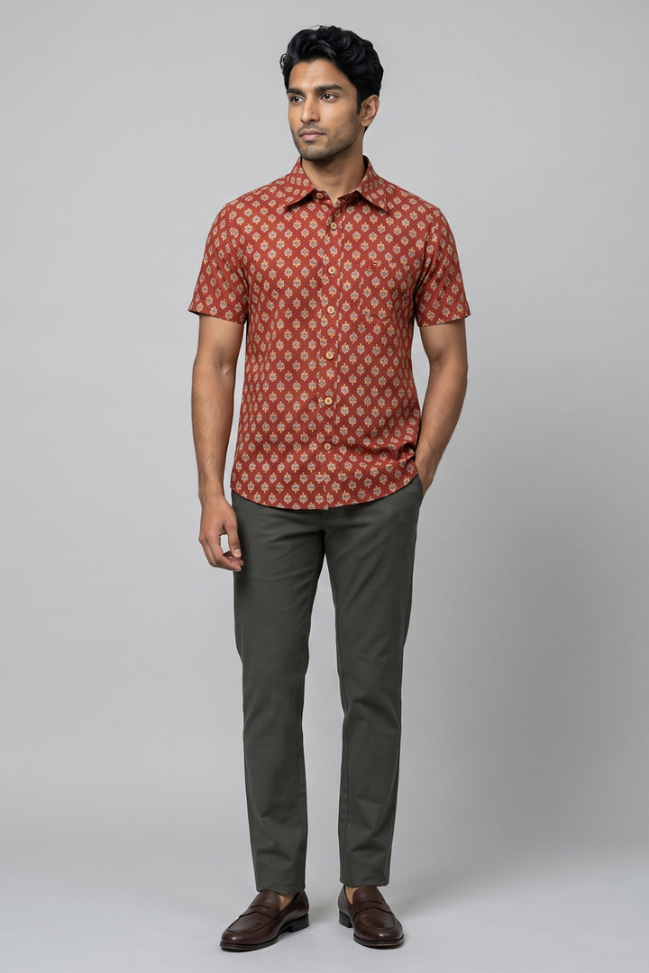 Congo + Basic Chino - Rust Red Shirt With Deep Army Green Trouser Combo For Men | Ariser